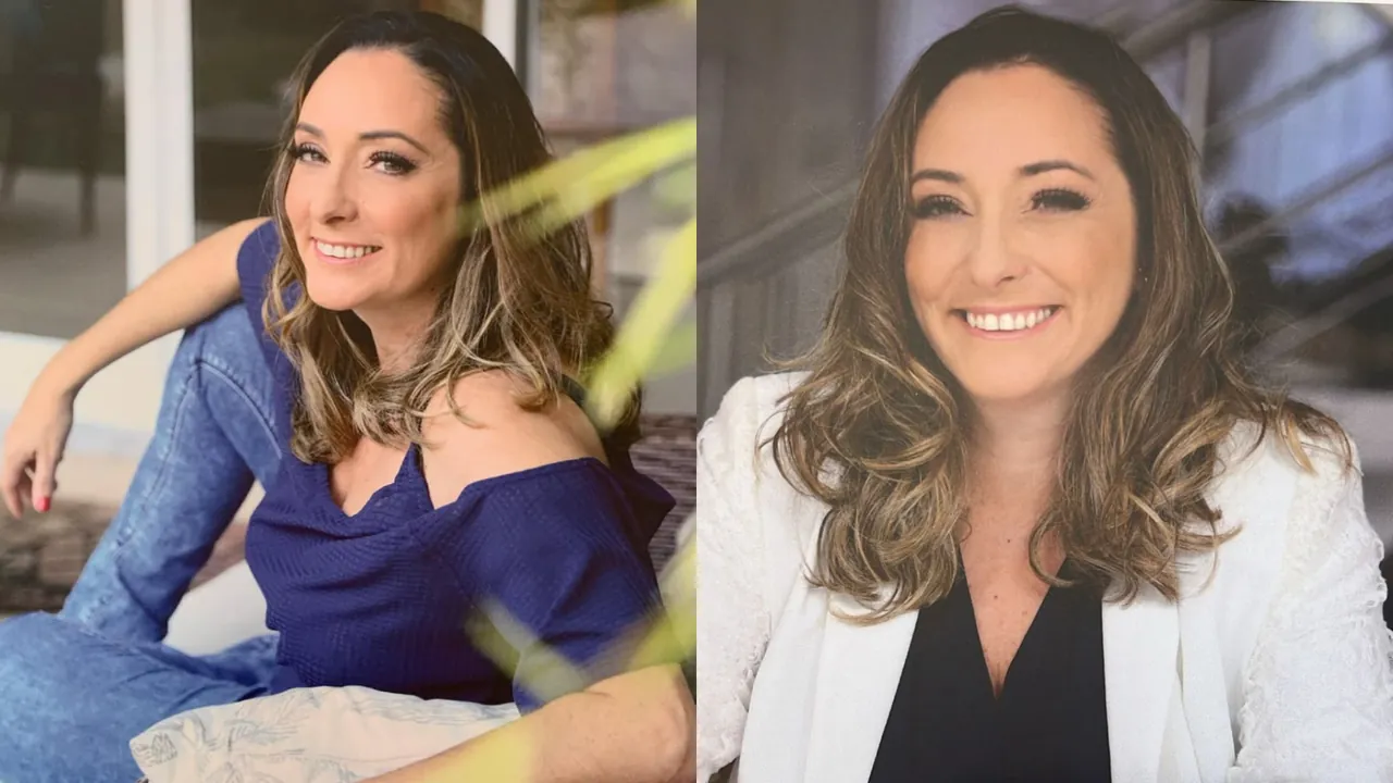 Dois retratos da Dra. Sabrina Nunes: de blusa azul, sorrindo, e de blazer branco.