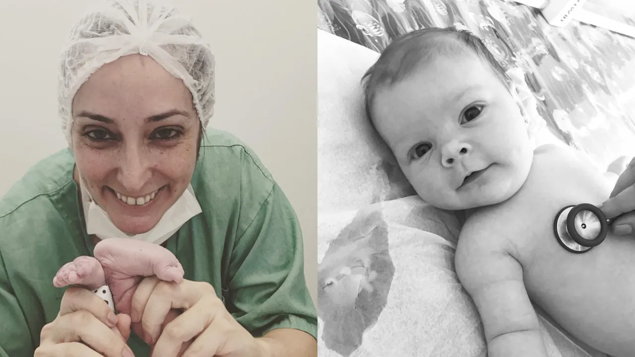 Dra. Sabrina Nunes com um recém-nascido em sala cirúrgica e um bebê durante a ausculta com estetoscópio.