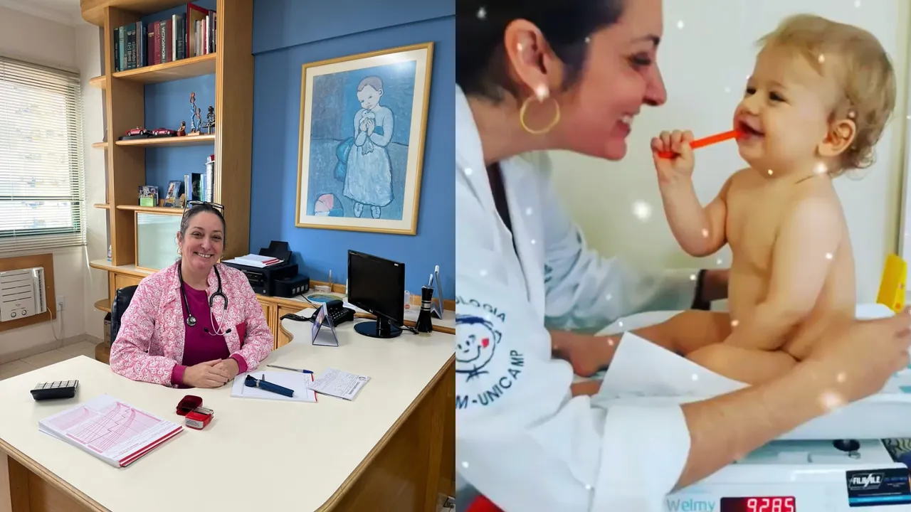 Dra. Sabrina Nunes à mesa do consultório e sorrindo para um bebê durante a pesagem.